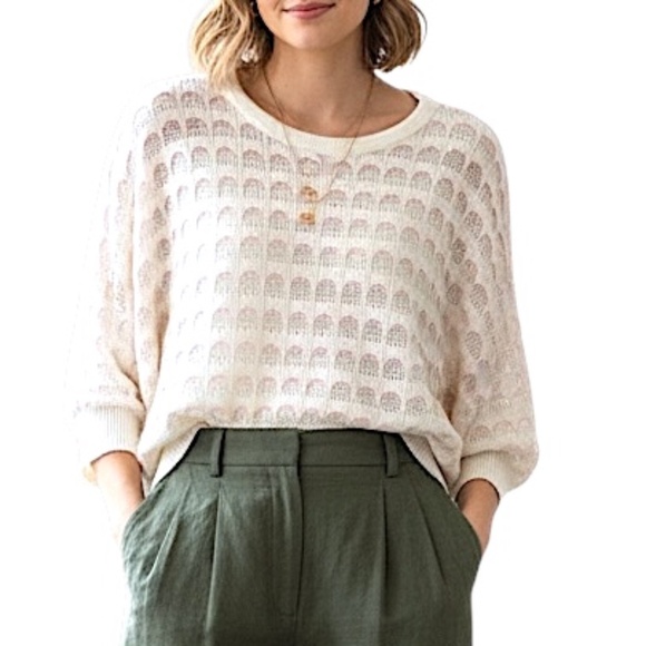 Vintage 70s 80s ivory pink open knit oversized batwing lightweight sweater - Picture 3 of 16